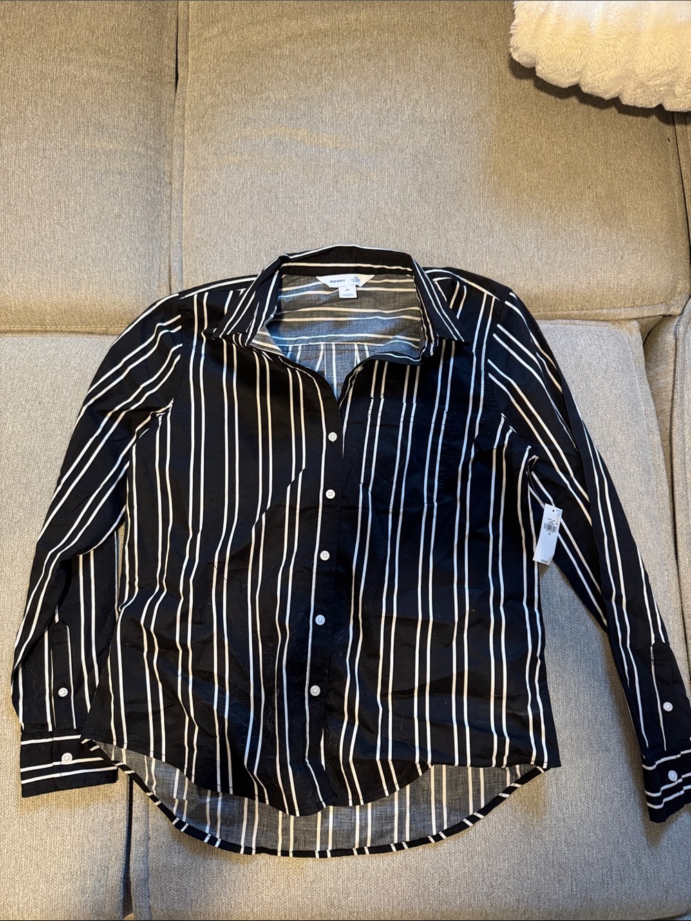 Old Navy Black Button-Down Shirt with White Vertical Stripes